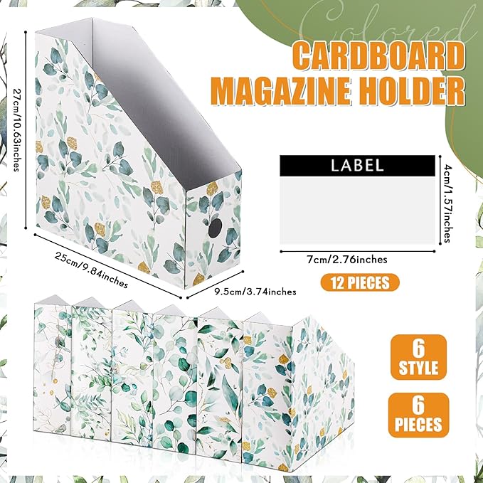 PerKoop 6 Pcs Magazine File Holder Foldable Decorative Cardboard File Folders 6 Patterns Floral Colored Magazine Rack with Printable Sticker Labels for School Office Home Desk (Eucalyptus Leaves)