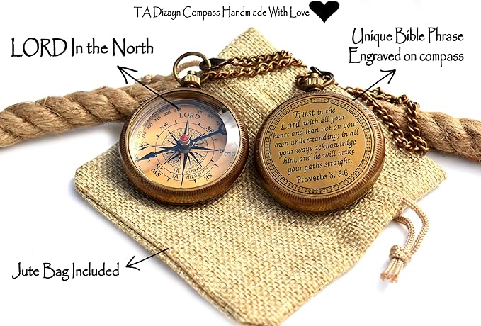 Trust in The Lord With All Your Heart - Proverbs 3:5-6 Quote Engraved Compass With Wooden Box, Greeting Card, Gift Compass, Graduation Day Gifts 2024 for Women Men Boys Girls