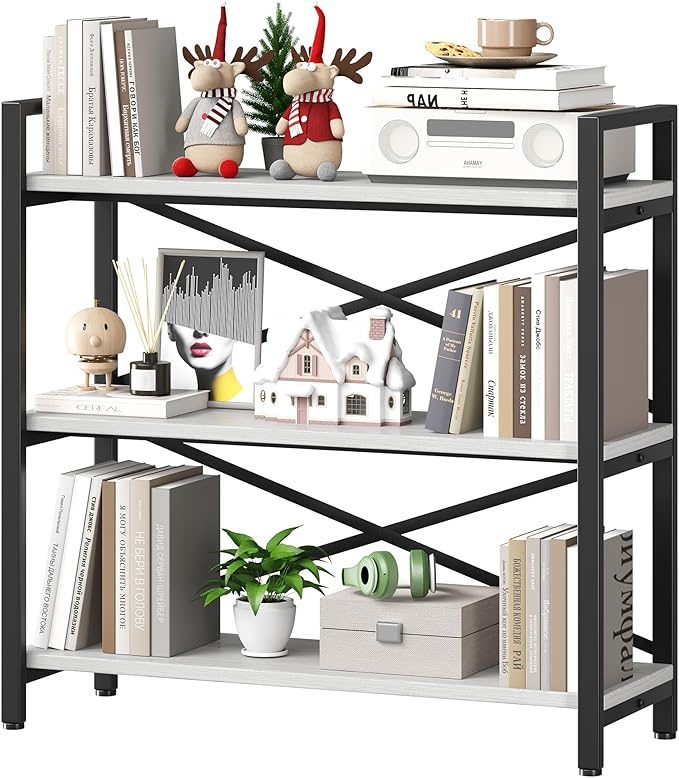 Homeiju 3 Tier Bookshelf 31.49" Width, Wood and Metal Etagere Bookcase, Vintage Farmhouse Modern Wooden Big Book Shelf for Home Living Room Bedroom Office Storage(White)