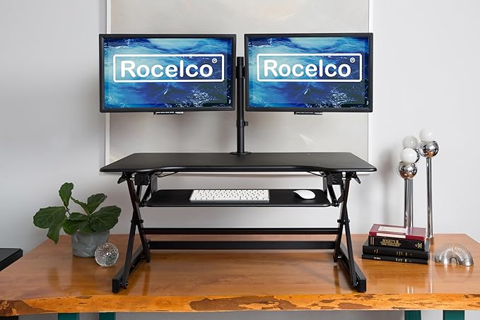 Rocelco 40" Height Adjustable Standing Desk Converter with AC Outlet USB Charger and Dual Monitor Arm Mount - Sit Stand Up Tabletop Riser - Sliding Keyboard Tray - Black (R DADRB-40-ACUSB-DM2)