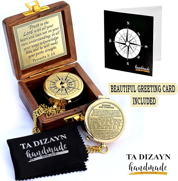 Trust in The Lord With All Your Heart - Proverbs 3:5-6 Quote Engraved Compass With Wooden Box, Greeting Card, Gift Compass, Graduation Day Gifts 2024 for Women Men Boys Girls