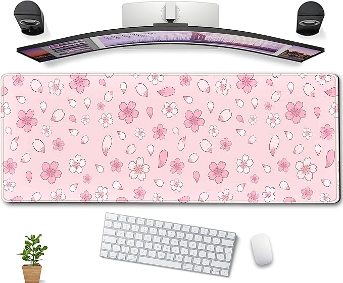 Cherry Blossom Mouse Pad Kawaii Pink XL Large Extended Gaming Desk Mat Cute Pastel Anime Desk Pad Aesthetics Laptop Keyboard Mouse Mat Women Office Decor Mousepad with Stitched Edges 31.5''x11.8''