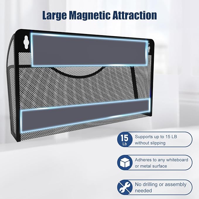 Magnetic File Holder 3 Pockets File Folder Organizer, Office Hanging Magazine Rack for File Cabinets, Magnetic Paper Holder, No Drilling Mail Organizer for Refrigerator, Whiteboard, Office, Kitchen