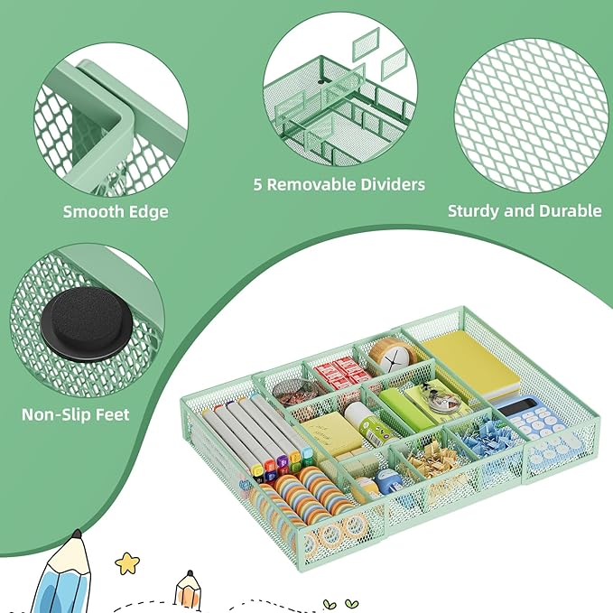 Marbrasse Expandable Desk Drawer Organizer, Mesh Drawer Organizer Tray with 10 Adjustable Compartments, Desk Organizers and Accessories for Office Supplies, Makeup & Vanity (Expandable-Green)