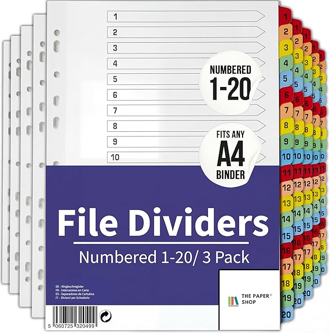 Binder Dividers with Tabs 1-20 Numbered – A4 (3 Pack) | Dividers for 3 Ring Binder | Numbered Tab Dividers for Office, School & Home Organization - The Paper Shop