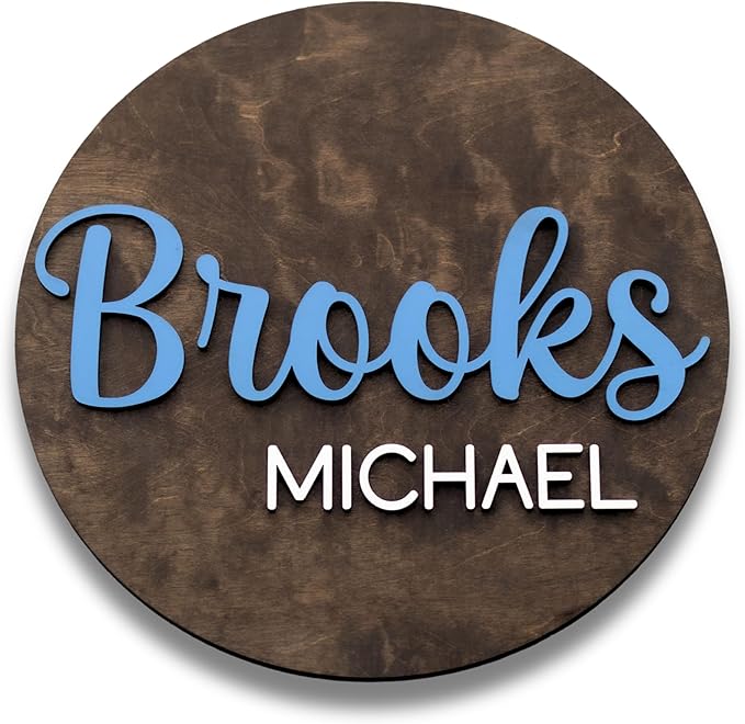 Custom Round Nusery Name Sign, Personalized 3D Baby Name Announcement Sign, Personalized Wooden Wall Plaque, 3D Wall Art for Children & Kids Rooms, Family Name Signs, 30 Colors (Design 2)