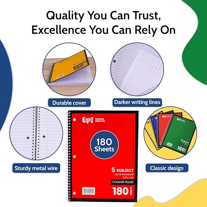 EPI Spiral Notebook | 5 Subject - College Ruled - 180 Sheets, Durable Spiral Binding | 10.5 x 8 in | Classroom Supplies | School, Office, Note Taking, Journaling - 12 Pack