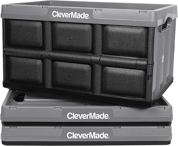 CleverMade Collapsible Storage Bins - Stone 3 Pack 46L - Stackable Containers Heavy Duty Capacity Folding Crates - Space-Saving for Home