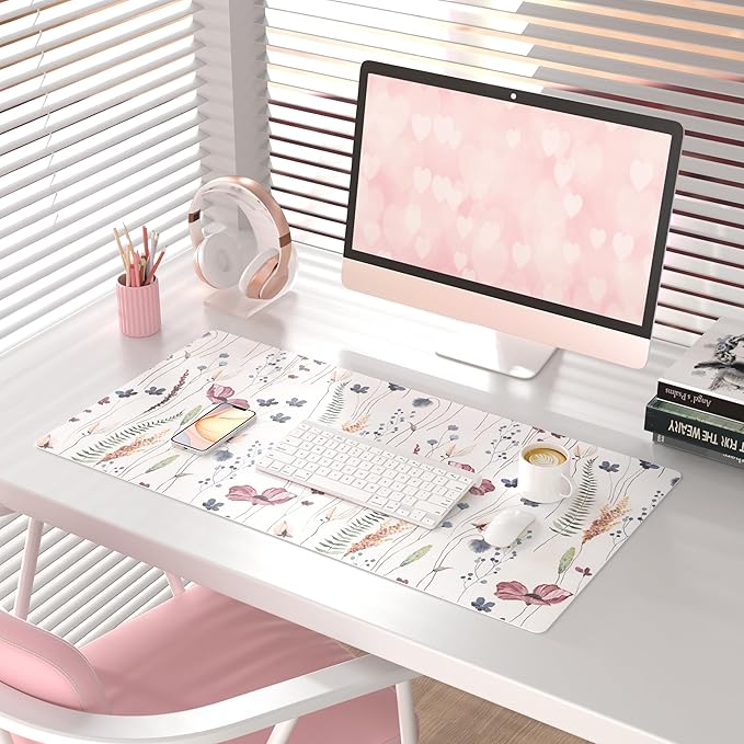 QiyI Large Mouse Pad, Cute Flower Desk Mat for Desktop, Women Girls Floral Office Décor Accessories, PU Leather Waterproof Big Gaming Mousepad, Wildflowers Desk Pad Computer Mat, 31.5" x 15.7"