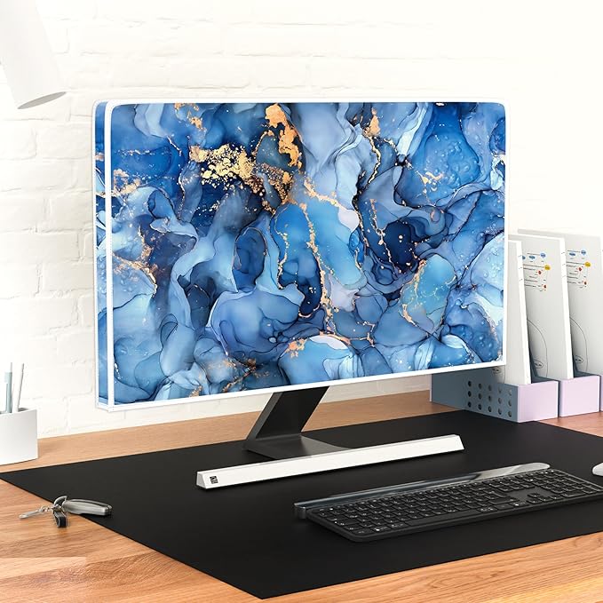 Baocicco Navy Blue Gold Marble Waterproof TV Dust Cover 40, 41, 42，43 Inch Creative Texture Grain Television Screen Cover Abstract TV Display Protectors Protective LED LCD OLED TVs Dust-Proof