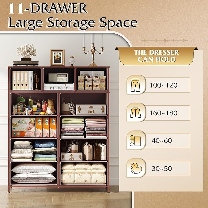 WLIVE Tall Dresser for Bedroom, Fabric Dresser Storage Tower, Chest of Drawers Organizer Unit with 11 Drawers, Storage Cabinet, Hallway, Closets, Steel Frame, Wood Top, Pink