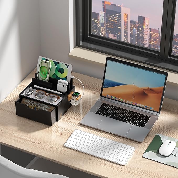 Pezin & Hulin Bamboo Charging Station for Multi Device, with Power Charger & Cables, Nightstand Docking Station with Lined Tray & Drawer, Compatible with Tablet, Cell Phones-Black