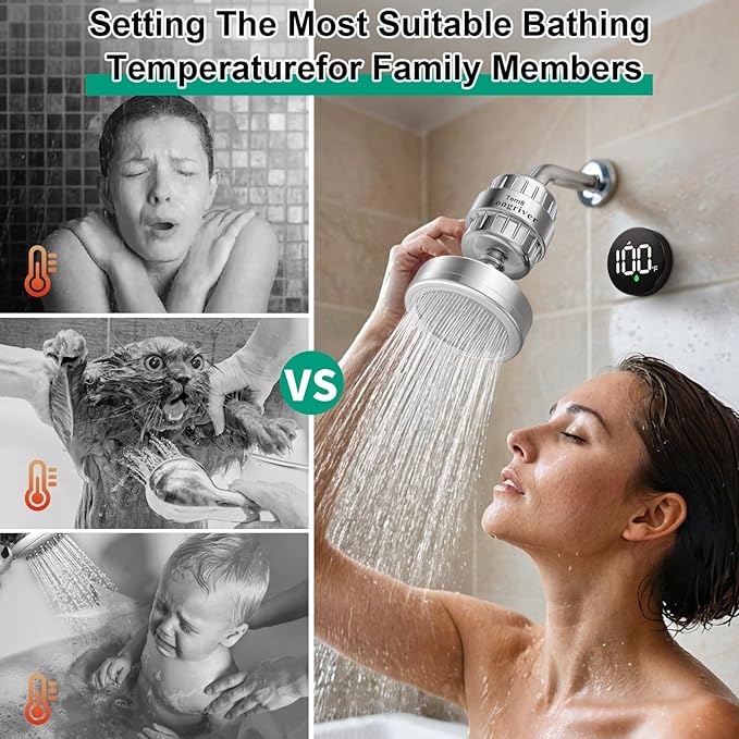 Tem8 Luxury Filtered Shower Head Set with Wireless Temperature Display, Dual Filtration Showerhead Filter, High Put Shower Filter for Hard Water with 3 Replaceable Tem8 Cartridges, Chrome