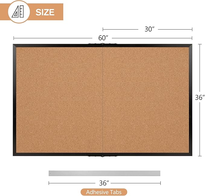Board2by Extra Large Cork Bulletin Board 60" X 36", Foldable Notice Pin Board for Wall, Black Wood Framed 5'x3' Corkboard, Wall Mounted Noticeboard with 36 Push Pins for School, Home & Office