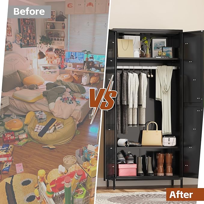 SUPEER Metal Wardrobe Cabinet with Hanging Rod,Metal Wardrobe Closet with Doors and Adjustable Shelves, Armoire Closet Locker for Home,Office,H70.9 X W31.5 X D17.7,Installation Required,Black