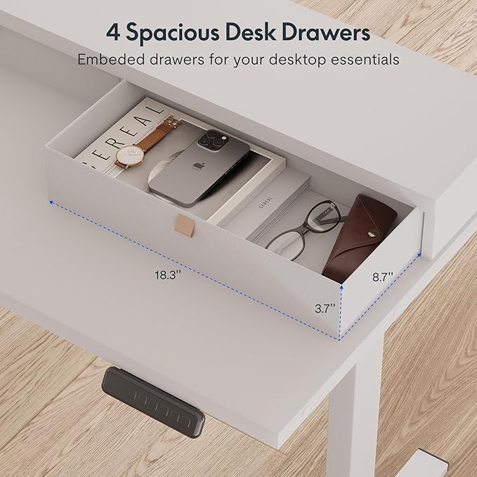 FLEXISPOT 71" Large L Shaped Standing Desk Electric Corner Table with Shelf, 4 Storage Drawers, Adjustable Computer Workstation for Home, Office, Game, Studio, White Top + White Frame