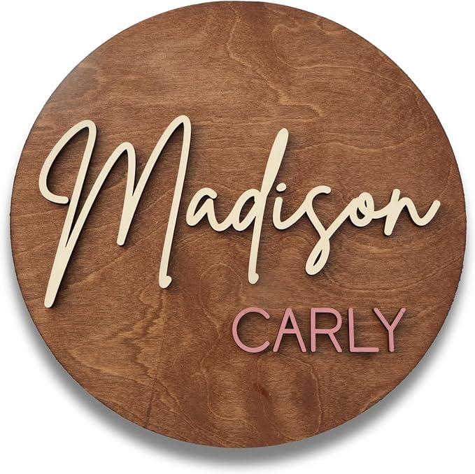 Custom Round Nusery Name Sign, Personalized 3D Baby Name Announcement Sign, Personalized Wooden Wall Plaque, 3D Wall Art for Children & Kids Rooms, Family Name Signs, 30 Colors (Design 6)