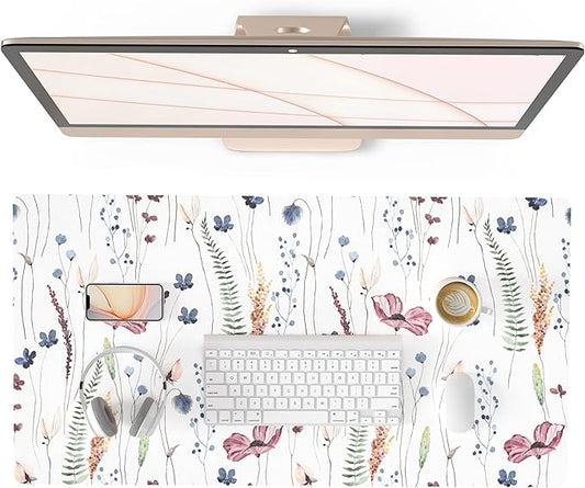 QiyI Large Mouse Pad, Cute Flower Desk Mat for Desktop, Women Girls Floral Office Décor Accessories, PU Leather Waterproof Big Gaming Mousepad, Wildflowers Desk Pad Computer Mat, 31.5" x 15.7"