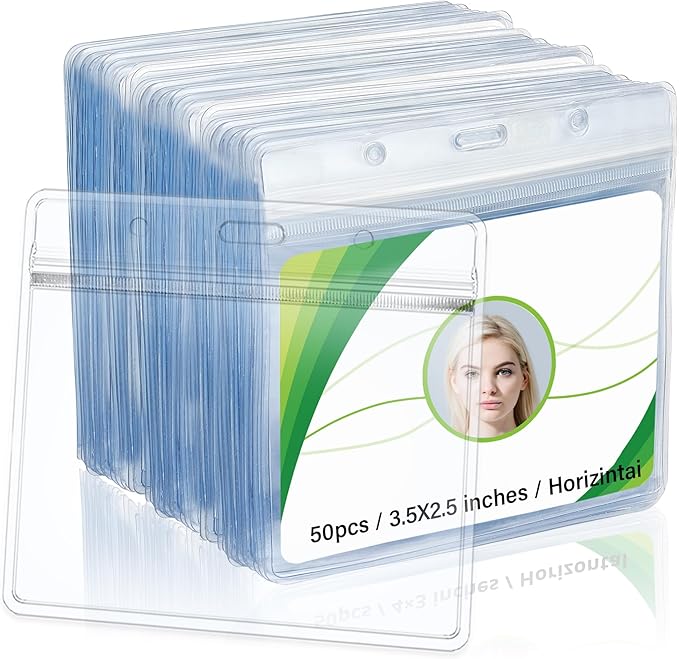 3.5x2.5 Inches Horizontal Badge Holder, Clear ID Card Holder with Waterproof Resealable Zip Type Protector, Badge Sleeve Fits Name Tag Holder/RFID/Proximity/Credit Card(Holders,50PCS)