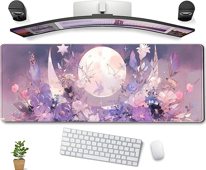 Cool Kawaii Pastel Purple Floral Desk Mat Mouse Pad Large Gaming Mousepad Spiritual Full Moon XL Extended Desk Pad Laptop Keyboard Mouse Mat, Cute Deskmat for Women Office Decor 31.5''x11.8''