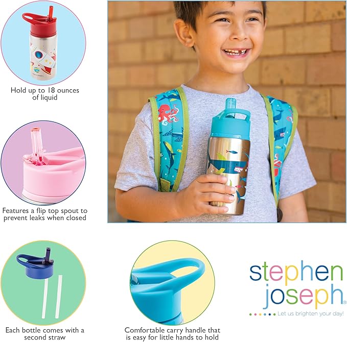 Stephen Joseph Stainless Steel Water Bottles, 18 OZ, Straw lid, Reusable tumbler, Insulated, Zoo