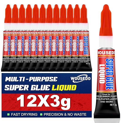 WOUSEDO 12 X 3g Super Glue Liquid, Clear Strong Adhesive,Fast Drying Cyanoacrylate Glue for Wood, Rubber, Leather, Plastic, Metal, DIY Crafts and More