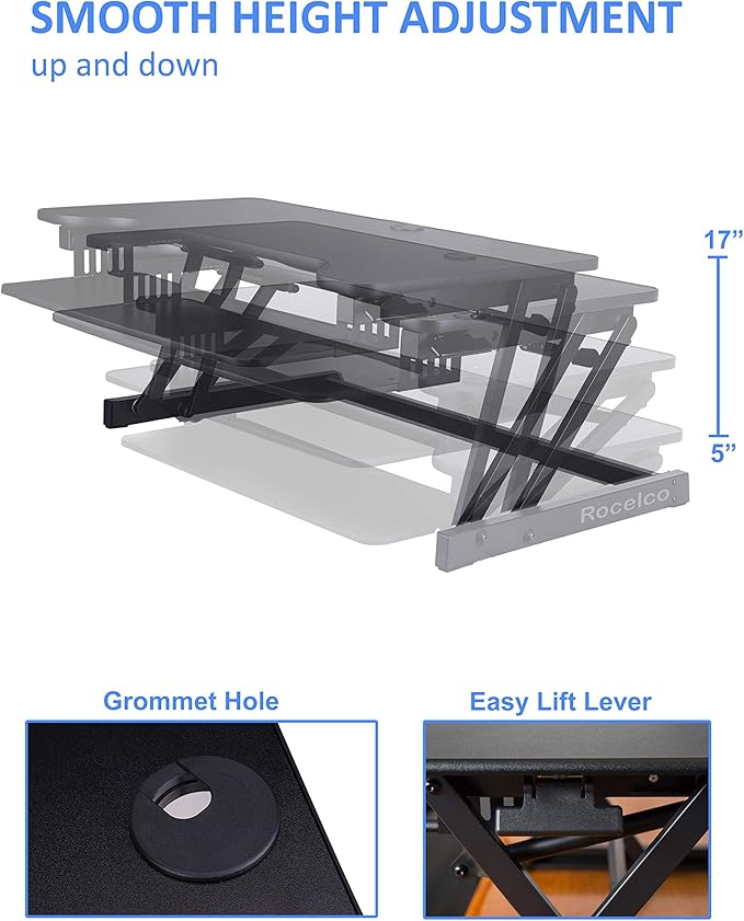 Rocelco 37.5" Height Adjustable Standing Desk Converter with Floor Stand Bundle - Slide Out Retractable Keyboard Tray - Sit Stand Up Dual Monitor Riser - Computer Workstation - Black (R DADRB-STFS)