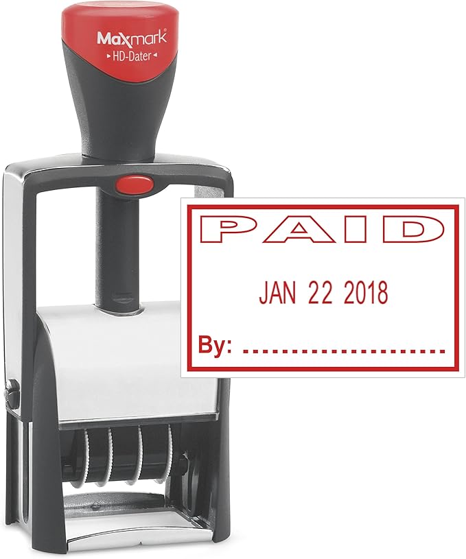 MaxMark Heavy Duty Self Inking Date Stamp with Phrase Paid - Red Ink