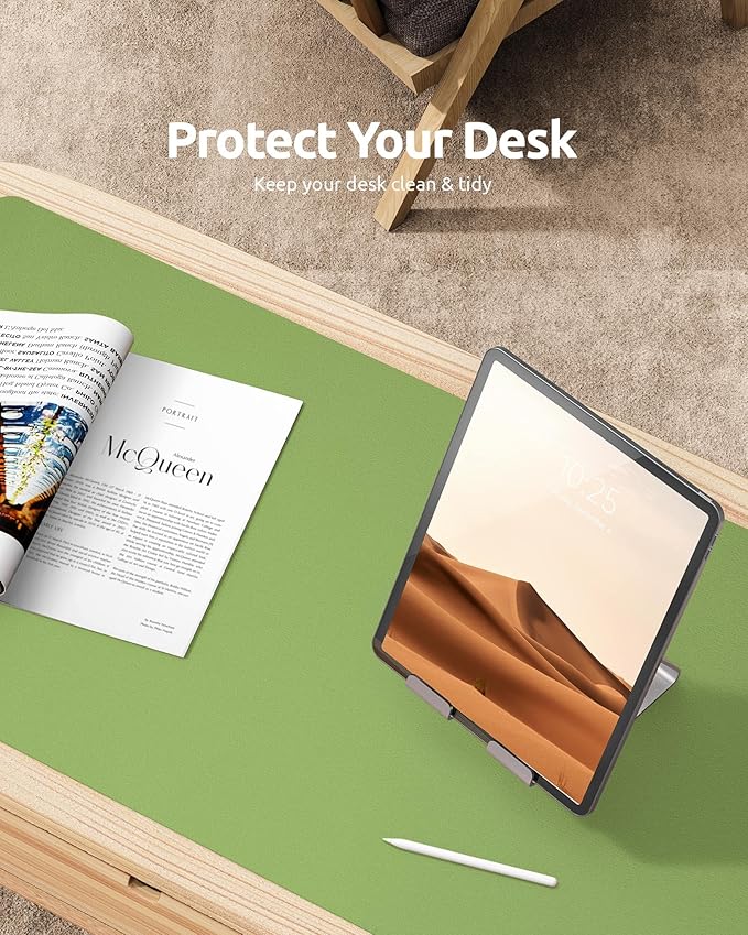 YSAGi Leather Desk Protector, Office Mat, Large Mouse Mat, Non-Slip PU Leather Blotter, Laptop Desk Pad, Waterproof Writing Pad for Office and Home (Leaf Green, 35.4" x 17")