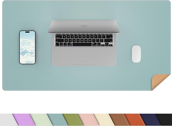 AFIING Dual-Sided Desk Pad, Natural Cork & PU Leather, Desk Mat Protector Non-Slip, Waterproof, Easy Clean,Large Mouse mats for Office and Home Work(Light Blue, 31.5"x17")