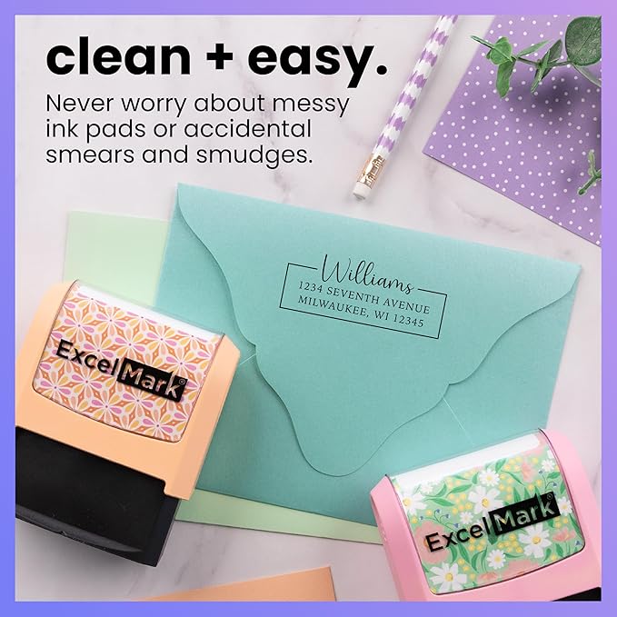 ExcelMark Address Stamp - Custom Return Address Stamp with Elegant Designs, Vibrant Colors & Patterns – Perfect for Mail, Invitations & Gifts (Violet Mount, Signature Frame)