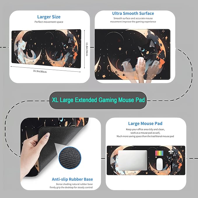 Cute Black White Cats Desk Mat Anime Cat Mouse Pad Kawaii Moon Desk Pad XL Large Extended Mousepad Desk Matt for Desktop, Computer Keyboard Mouse Mat for Women Office Decor Accessories 31.5x11.8 in