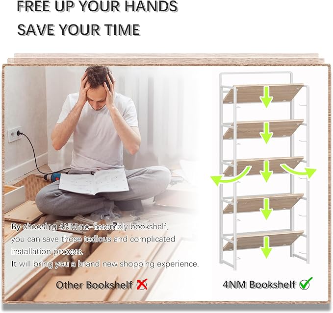4NM No Assembly 5 Tiers Folding Bookshelf Storage Shelves Vintage Bookcase Standing Racks Study Organizer Home Office (Natural White)