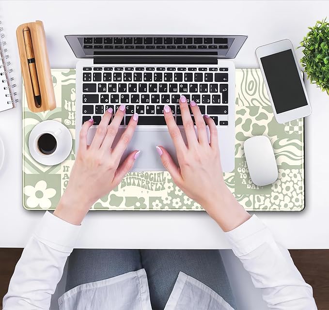 Boho Aesthetic Desk Mat Beige Retro Hippie Boho XXL Large Extended Gaming Green Sage Mouse Pad Women Gamer Girl Work Office Computer Deskmat Mousepad Laptop Keyboard Mat Desk Pad 31.5x15.75 in
