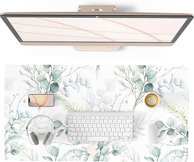 QIYI Large Mouse Pad for Desk, Cute Desk Mat for Desktop, Women Girls Green Office Décor Desk Accessories, PU Leather Waterproof Gaming Mousepad, Eucalyptus Leaf Desk Pad Computer Mat, 31.5" x 15.7"