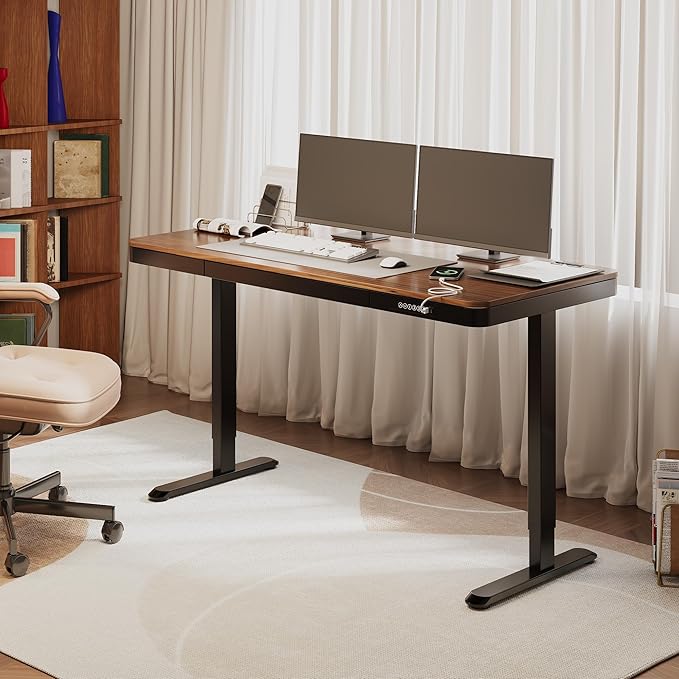 FLEXISPOT Comhar 55" Electric Standing Desk with Drawers, Quick Assembly Home Office Sit Stand Desk with Storage & USB Charging, Computer Workstation for Home Office (55" Wood, Dark Walnut/Black)