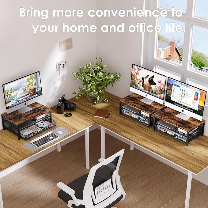 OPNICE Wood Computer Monitor Stand Riser, Desk Organizer with Drawer, Laptop Stand, Office Desk Accessories & Workspace Desktop Organizers Storage for Office Supplies(Brown)