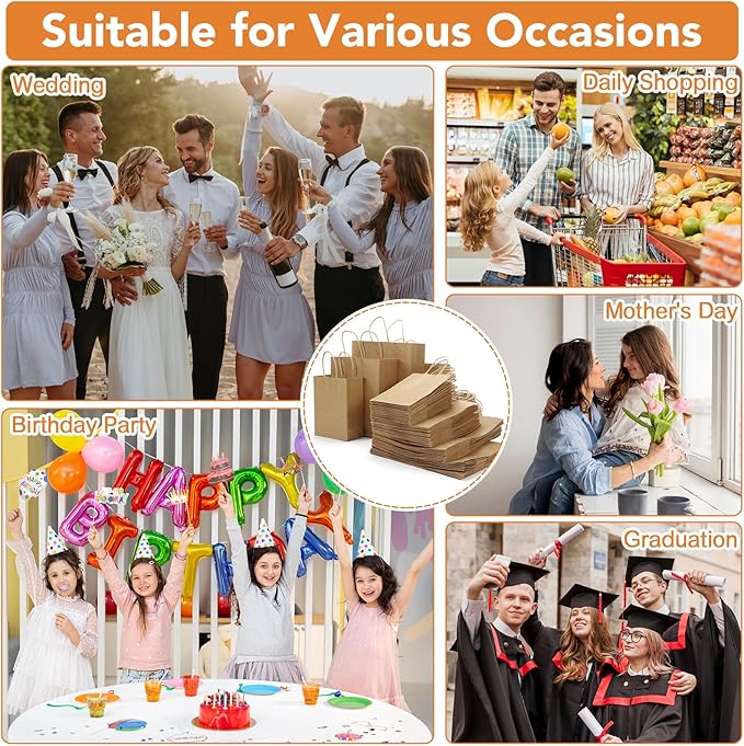 woric 120 PCS Brown Paper Bags with Handles, Large Gift Bags 4 Assorted Sizes Bulk Paper Bags for Small Business Retails Shopping