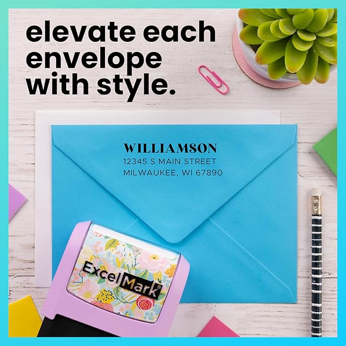 ExcelMark Address Stamp - Custom Return Address Stamp with Elegant Designs, Vibrant Colors & Patterns – Perfect for Mail, Invitations & Gifts (Black Mount, The Statement)