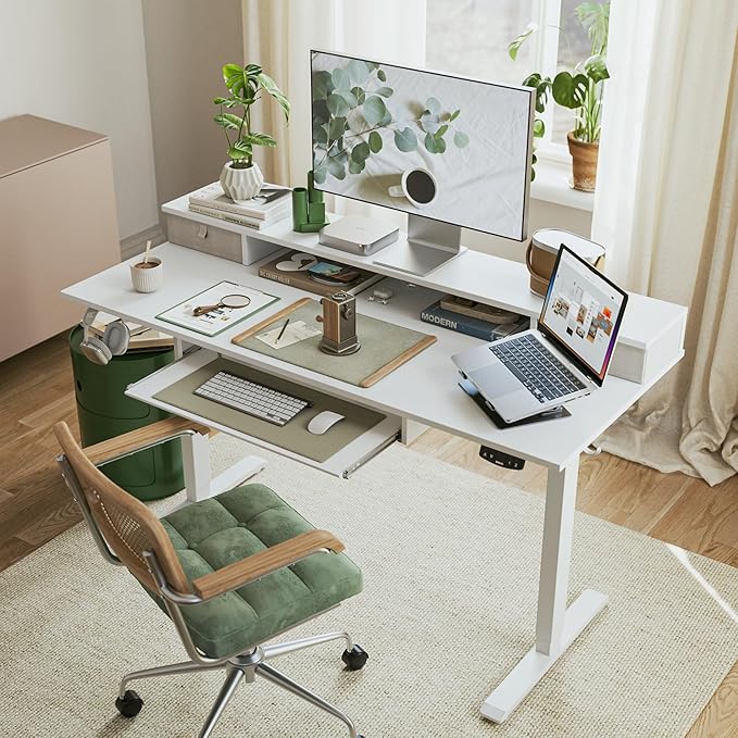 Agilestic Electric Standing Desk with 2 Drawers and Keyboard Tray, 48 x 23 Inches Ergonomic Adjustable Height Desk with Storage, Sit Stand Computer Workstation, White