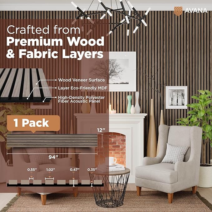 Avana Modern Acoustic Wood Wall Panels – 94.4 X 12.6 Inch Walnut Acoustic Panels 1 PC – Wall Panels For Interior Wall Decor For Homes, Offices, Studios – Sturdy And Durable Wood Panels For Wall