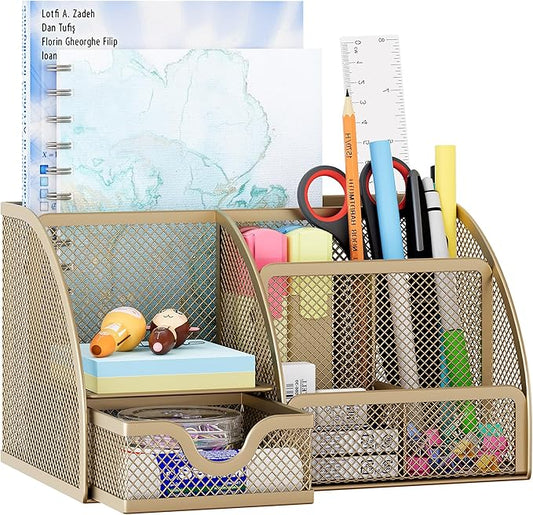 EasyPAG Mesh Desk Organizer with Drawer Multi-functional Pen Holder Stationery Organizer for Office School Supplies 6 Compartments Dorm Organizers and Storage for Desk, Gold