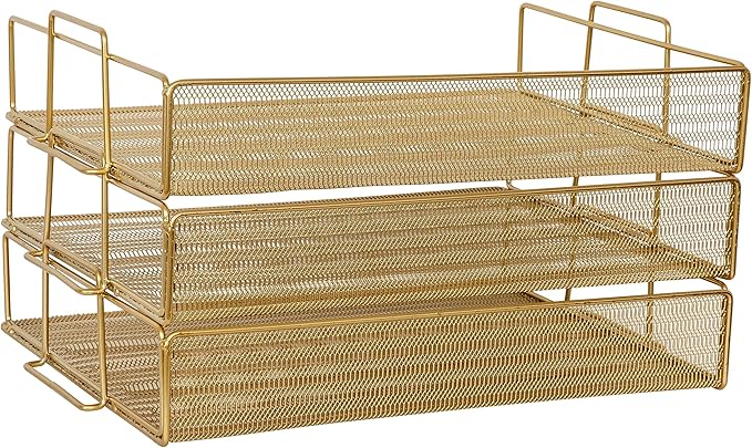 Martha Stewart Ryder 3 Tier Desk Letter Tray Organizer, Stackable Steel Mesh Inbox Tray for Files, Papers, or Letters, Gold