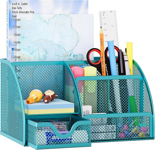 EasyPAG Mesh Desk Organizer with Drawer Multi-Functional Pen Holder Stationery Organizer for Office School Supplies 6 Compartments Dorm Organizers and Storage for Desk, Blue