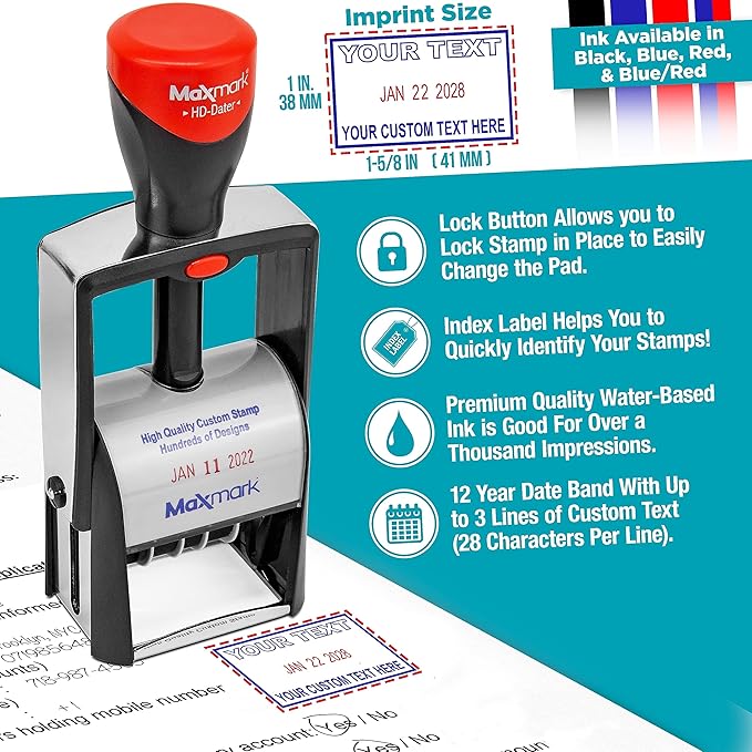 MaxMark Heavy Duty Self Inking Date Stamp with Phrase Denied - 2 Color Blue/Red Ink