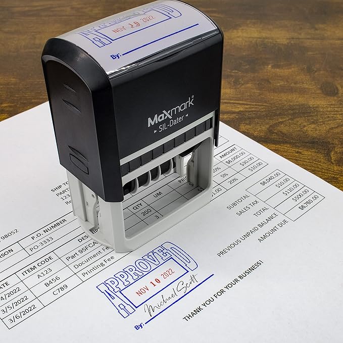 MaxMark Large Self-Inking Rubber Date Office Stamp with Approved Phrase & Date - Red Ink, 12-Year Band - Style 5
