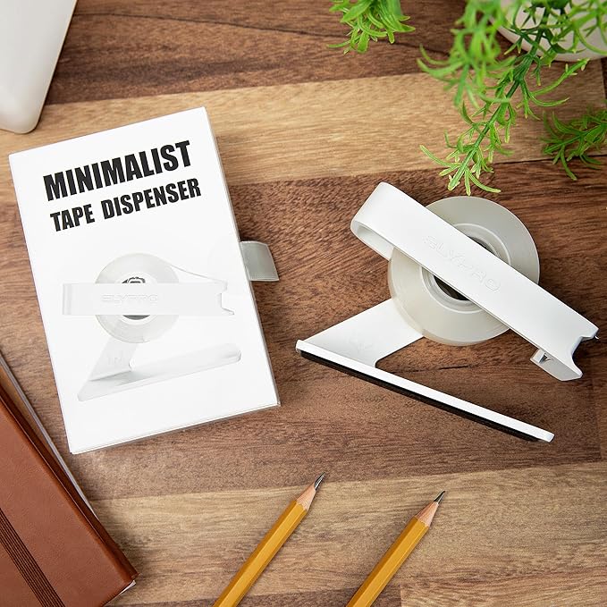 ELYPRO Modern Tape Dispenser for Office Desk - Elegant and Minimalist Design, Heavy Metal Made, Space-Saving, Perfect for Office & Home Use or as a Stylish Gift - Bonus Tape Roll Included (White)