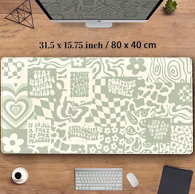 Boho Aesthetic Desk Mat Beige Retro Hippie Boho XXL Large Extended Gaming Green Sage Mouse Pad Women Gamer Girl Work Office Computer Deskmat Mousepad Laptop Keyboard Mat Desk Pad 31.5x15.75 in