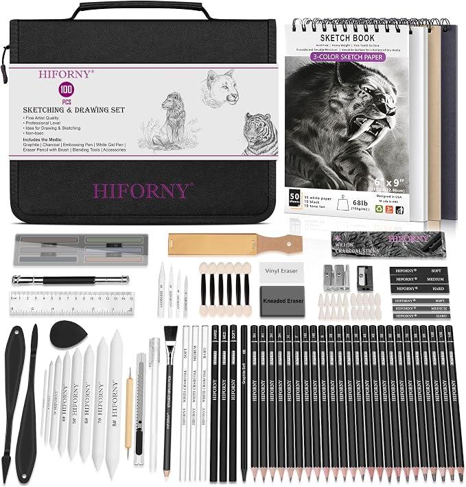 HIFORNY 100 PCS Drawing Set Sketching Kit,Sketch Pencils Art Supplies with Graphite,Charcoal,Blending Tools & Accessories,Portable Zippered Travel Case for Artists & Beginners