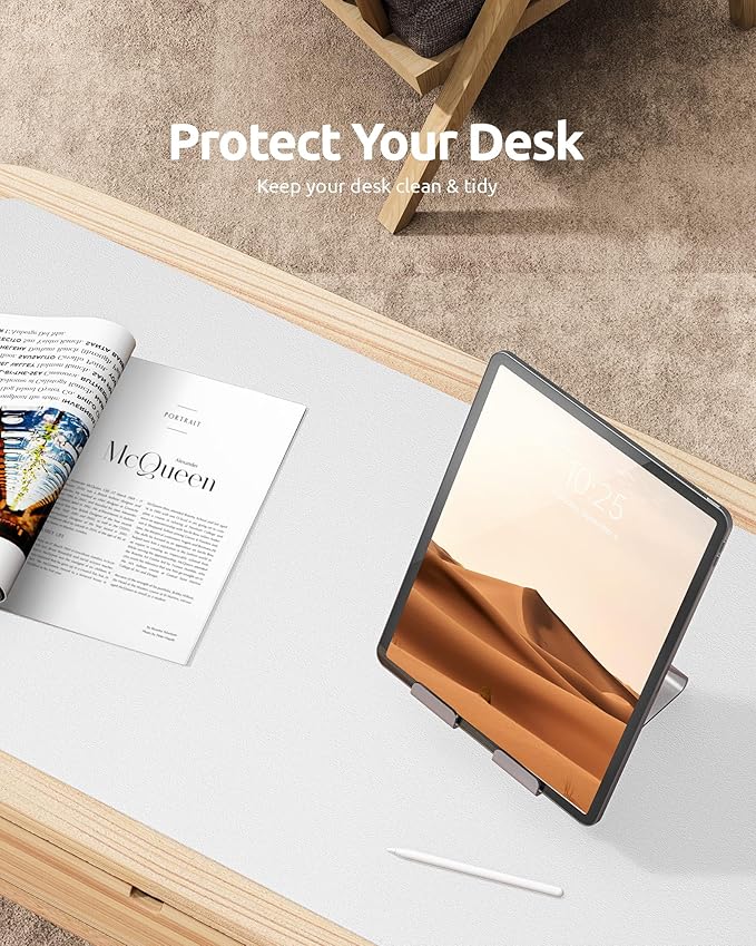 YSAGi Leather Desk Protector, Office Mat, Large Mouse Mat, Non-Slip PU Leather Blotter, Laptop Desk, Waterproof Writing Pad for Office and Home (White, 23.6" x 13.8")